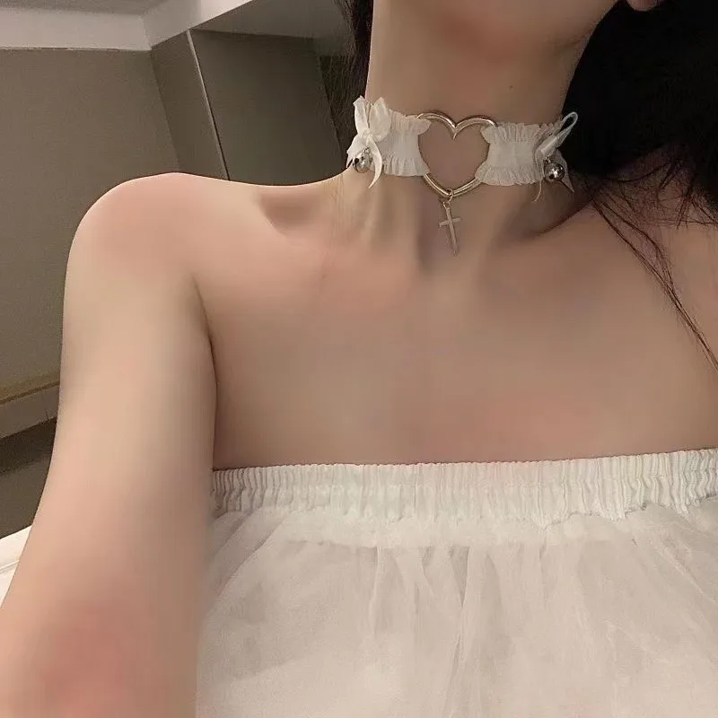 Body Jewelry Goth - Collana in pizzo gotico Cuore Bowknot